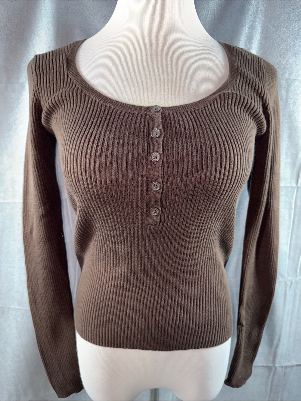 3187-Moda International Brown Ribbed Scoop Neck Henley Sweater